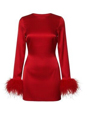 Miscreants Red Satin Feather Cuff Mini Dress Italy Small NWOT